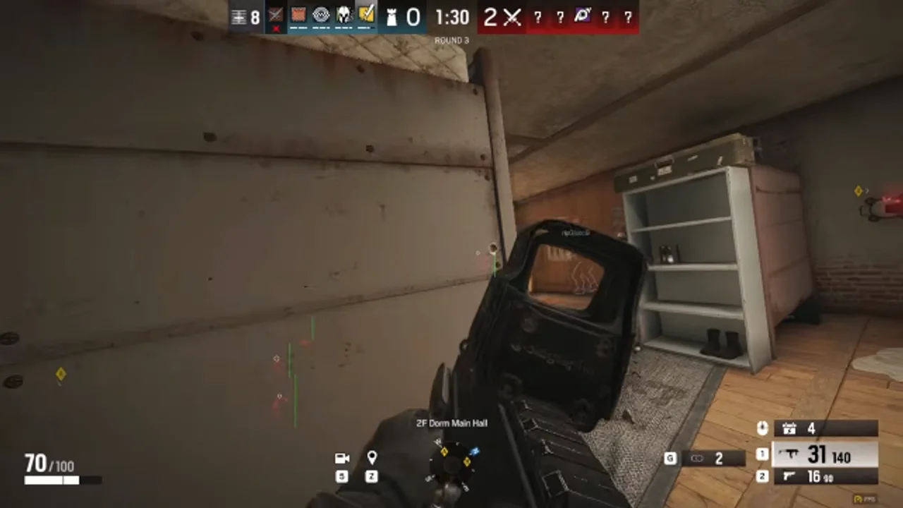 R6 wallhack in dorm main hall Rainbow Six Siege ESP showing player outlines in dorm hallway on PC