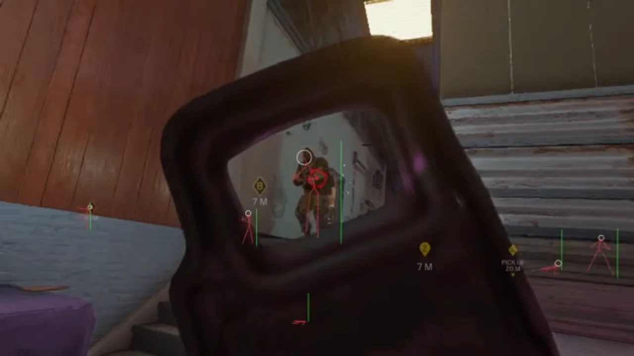 R6 holo sight with ESP Rainbow Six Siege aimbot interface showing FOV and pickups on PC